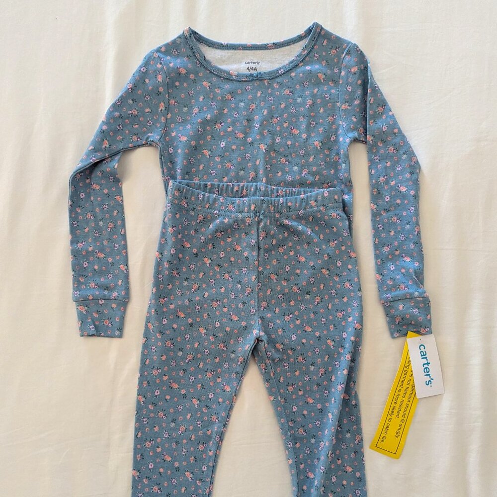 Carter's Blue Long Sleeve & Pants Floral Pajama Set, 4T, NWT